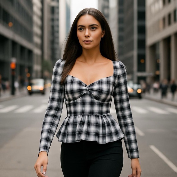 Pleione Trendy Elegant Black and White Plaid Blouse W/Peplum Puff sleeves Size M - Picture 1 of 9
